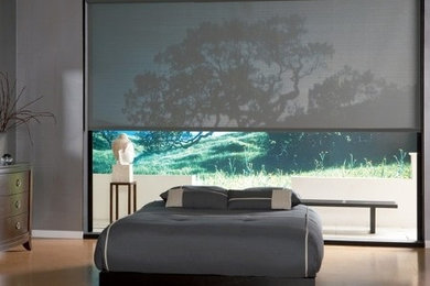 Mid-sized elegant master light wood floor and beige floor bedroom photo in Los Angeles with gray walls and no fireplace