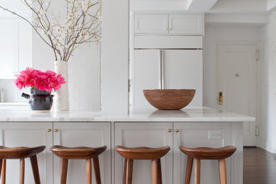 Design ideas for a transitional kitchen in New York with shaker cabinets.