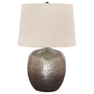 Bellied Metal Body Table Lamp With Splotched Details, Brass And Cream