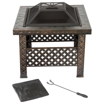 Pure Garden Square Woven Metal Fire Pit With Cover, Bronze, 26"