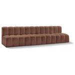 Meridian Furniture - Arc Vegan Leather Upholstered 4-Pc. Modular Sofa, Cognac - Unleash modern opulence with the Arc Vegan Leather 4pc. Sectional. Crafted for the modern connoisseur, this Sectional injects an air of refined luxury into any space. Its sleek silhouette, upholstered in supple cognac vegan leather, exudes timeless sophistication while the deep channel tufting adds textural intrigue, further elevating the chair's visual appeal. The modular design makes it a versatile chameleon, effortlessly adapting to your evolving needs and preferences. Whether you envision it gracing a chic living room corner, basking in the glow of a bedroom window, or adding a touch of drama to a home office, the Arc seamlessly complements your unique interior aesthetic.