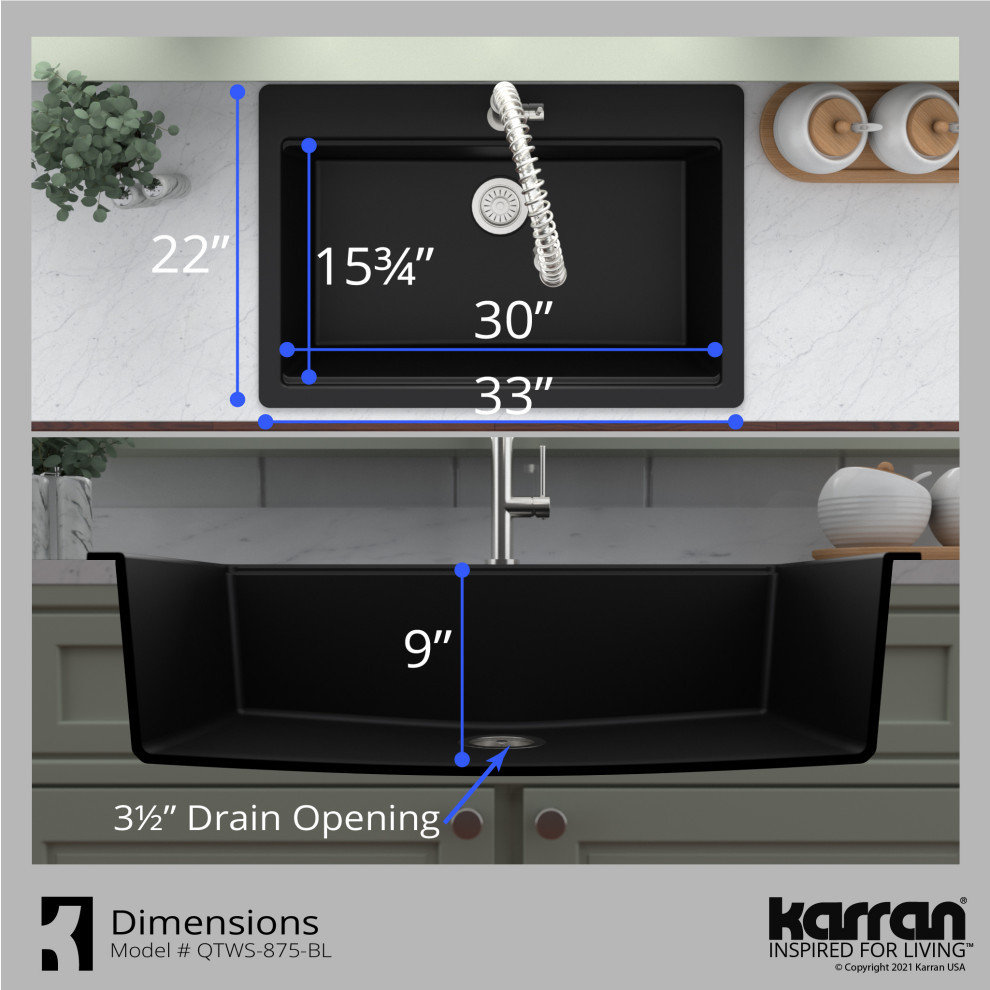Karran Top Mount 33" Single Bowl Quartz Workstation Kitchen Sink, Black