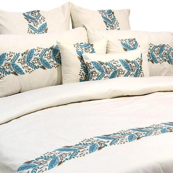 Double Duvet Cover in Cream Cotton Fabric with Embroidery, Fern Embroidery
