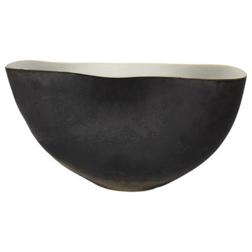 Folded Porcelain Black Bronze White Bowl, 17" Japanese Raku Decorative Metallic