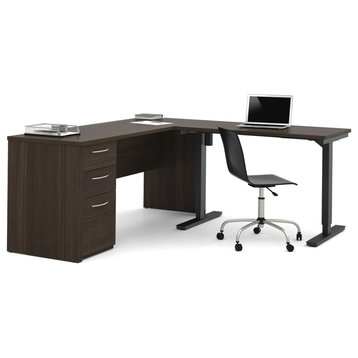 Spacious L-Shaped Desk, Reversible Design With Drawers & Adjustable Top, Brown