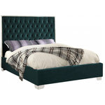 Meridian Furniture - Lexi Velvet Bed, Green, King - Make the Lexi green velvet bed part of your dream bedroom setup. This bed has all of the bells and whistles you want, including a super tall headboard that stands nearly five-feet tall. The bed is covered in green velvet fabric for a luxe look, and it's deeply tufted for added luxuriousness. The headboard is soft and welcoming against your back and head as you read or watch TV in bed, and the bed rests on chrome legs for dependable sturdiness and durability. Use it without a box spring or foundation, since the slats are included.