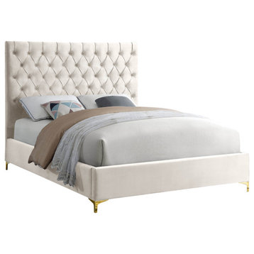 Cruz Velvet Upholstered Bed, Cream, Full