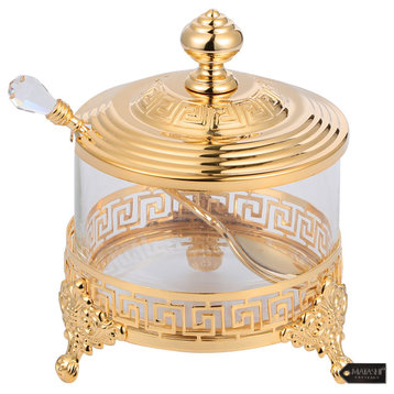 24K Gold Plated Sugar Bowl With Crystal Studded Spoon