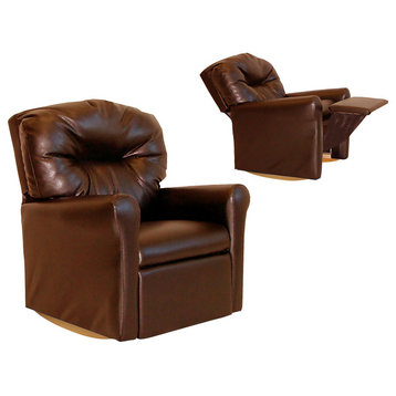 Contemporary Pecan Brown Leather Like Child Rocker Recliner Chair