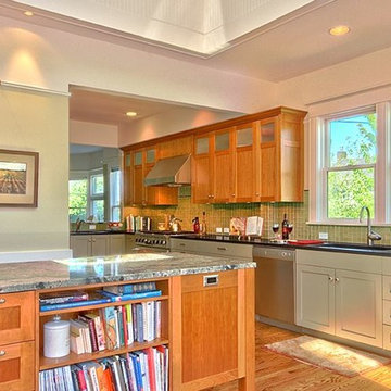 Unique placement of island opens up galley kitchen and provides more space