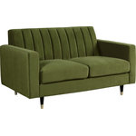 Meridian Furniture - Lola Velvet Upholstered Loveseat, Olive - Cozy up to the comfort of this Lola Olive Green Velvet Loveseat. Its rich color adds a jolt of excitement and fun to your space, shaking things up in a neutral-colored room. The back is channel tufted for a beautiful, contemporary look and to help the back cushioning maintain its welcoming loft. Elegant slant-tipped black legs with gold tips lend this loveseat a charmingly modern finish and provide a sturdy foundation. Add it on its own, or add the matching sofa and chair for a coordinated look.
