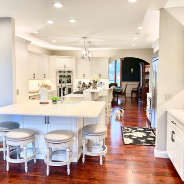 Ivory White Kitchen With Marble Look Quartz Counters and Splash