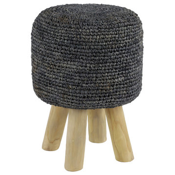 4-Legged Teak Wood Footstool With Gray Handwoven Seagrass Cover