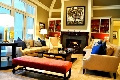 Huge eclectic formal and open concept marble floor and beige floor living room photo in Austin with beige walls, a standard fireplace, a stone fireplace and no tv
