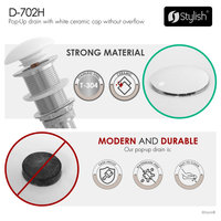 STYLISH Vessel Sink Pop-Up Drain with white ceramic cap without overflow