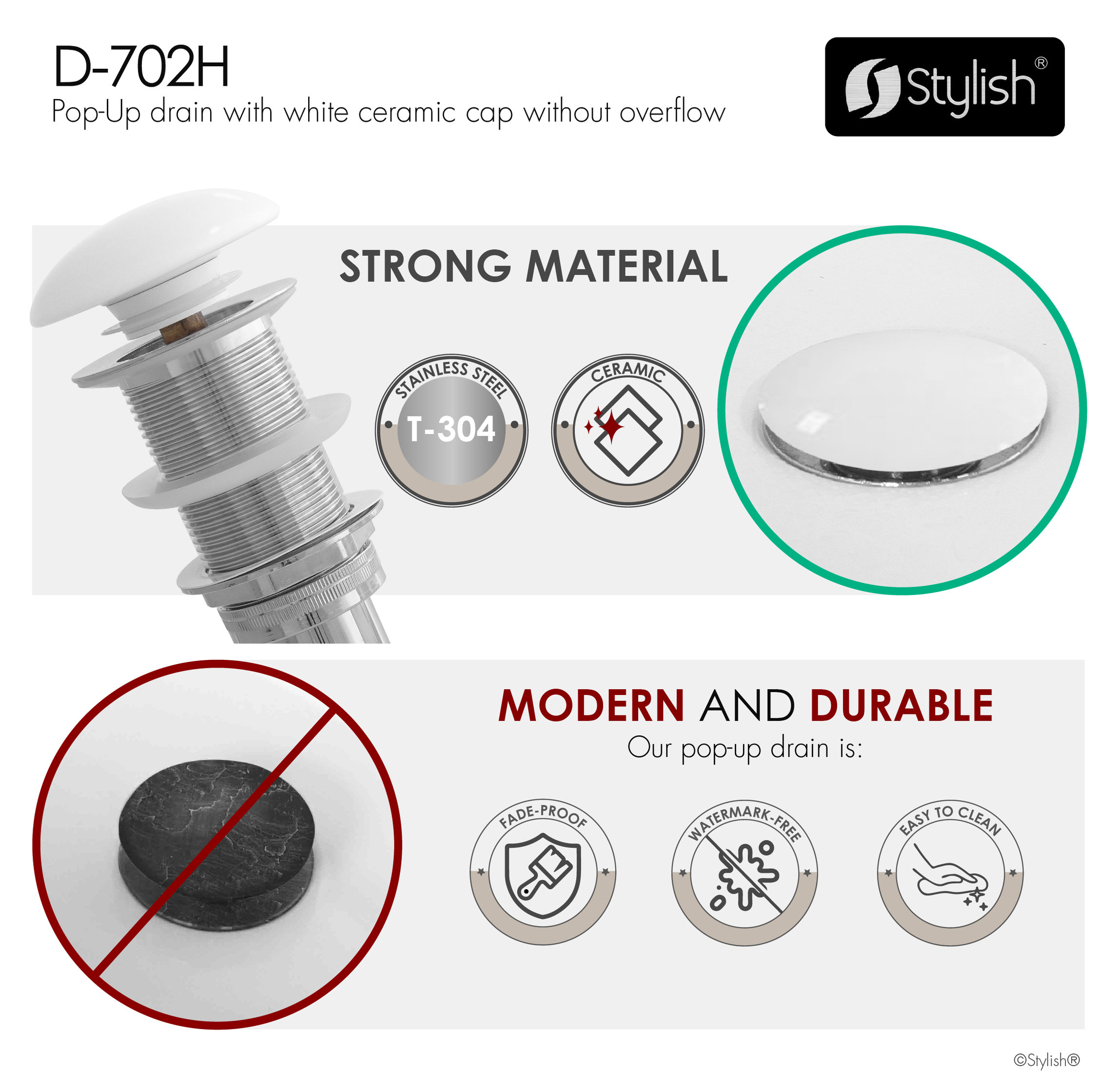 STYLISH Vessel Sink Pop-Up Drain with white ceramic cap without overflow