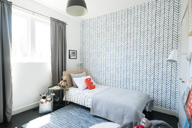 Kids' room - small contemporary boy dark wood floor and brown floor kids' room idea in Chicago with white walls