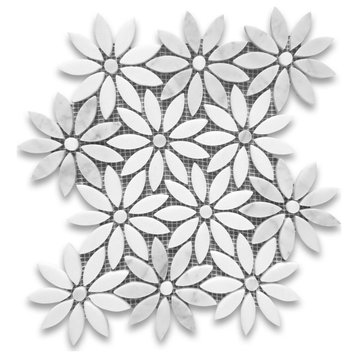 Carrara White Thassos White Marble Daisy Flower Waterjet Mosaic Tile, 1 sheet
