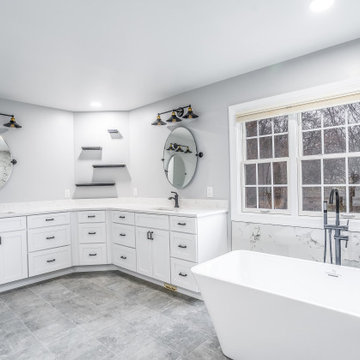 Master Bathroom Remodeled With White Flooring, Bathtub, Shower, Highland MD