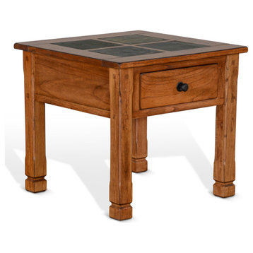 26" Square Rustic End Side Accent Table Natural Slate 1 Drawer
