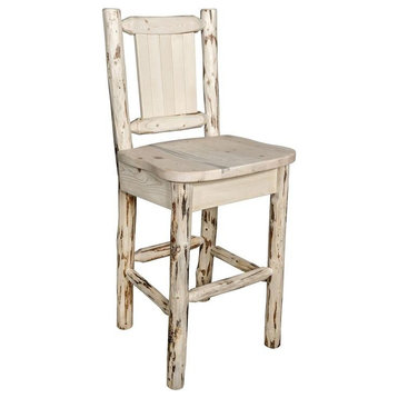 Montana Woodworks 30" Barstool with Back and Engraved Wolf Design in Natural