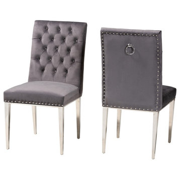 Baxton Studio Caspera Gray Velvet and Silver Metal 2-Piece Dining Chair Set