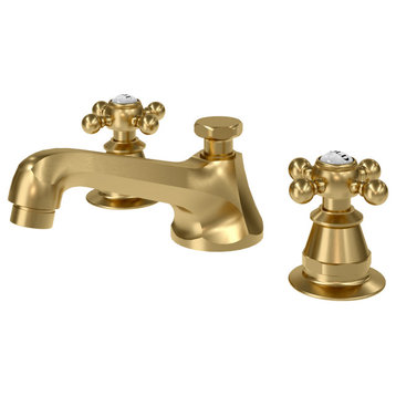 Classic Widespread Deck Mount Lavatory Faucets, Satin Gold With Pop-Up Drain