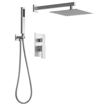 10" Wall Mounted Rainfall Shower Head With High Pressure Hand Shower, Brushed Nickel, 10 Inches