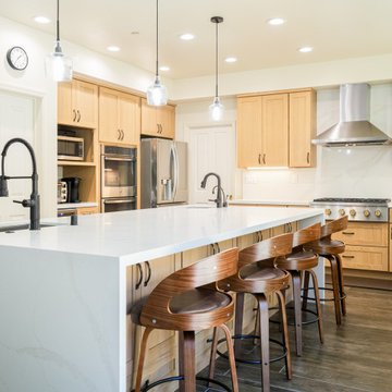 Modern Light Oak Shaker Kitchen with Waterfall Quartz Island P3| The Cabination