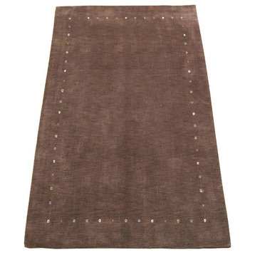 Gabbeh Modern Tribal Hand-Knotted Indian Oriental Area Rug, Brown, 9'0"x0'0"