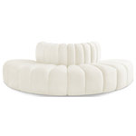 Meridian Furniture - Arc Upholstered Outward Curved Modular Sectional, Cream, 4-Piece: Reverse Corner (4), Velvet - Give your living room or den the perfect blend of style and versatility with this Arc velvet fabric curved modular Sectional. Part of the Arc modular furniture collection, this Sectional comes upholstered in rich cream velvet fabric and features deep channel tufting that adds a touch of luxury while enhancing comfort and support. A seamless combination of form and function, this chair can be used with other Arc pieces to create a myriad of configurations in your well-curated room.