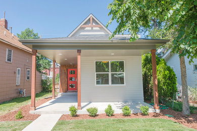 Small transitional gray one-story wood exterior home idea in Denver