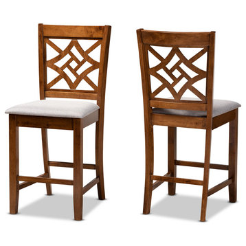 Nicolette Modern Grey Upholstered Brown Finished Wood 2-Piece Counter Stool Set