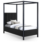 Meridian Furniture - Kelly Boucle Fabric Upholstered Bed, Black, Twin - Immerse yourself in a haven of tranquility and refined design with the Kelly Twin-sized Boucle Fabric Bed. This captivating centerpiece seamlessly blends the rich texture of black boucle fabric with a salt & pepper-colored undertone, creating a visual harmony that elevates your bedroom while fostering restful nights. The matte black iron metal frame canopy adds a touch of drama and elegance, transforming your space into a private sanctuary. Imagine the soft glow of fairy lights draped across the canopy, creating a magical ambiance perfect for unwinding after a long day or enjoying a cozy reading nook. This canopy provides not only a touch of privacy but also an opportunity to personalize your space and create a truly unique retreat.