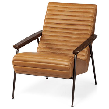Grosjean Brown Genuine Leather w/ Dark Brown Frame & Wooden Arms Accent Chair