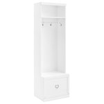 Crosley Furniture - Harper Hall Tree White - Embrace the beauty of an organized entryway with the Harper Hall Tree. Slimmer than a traditional hall tree, this tower has four large hooks for hanging coats, hats, and scarves. An open storage shelf on top and a full-extension drawer in the base, make this tower more than a traditional coat rack. The label holder hardware on the storage drawer is customizable allowing for more personalized organization. Modular in design, the Harper Hall Tree can be paired with a variety of items within the collection.