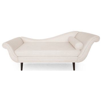 Jakyrah Contemporary Chaise Lounge with Scroll Arms, Beige/Dark Brown, Fabric