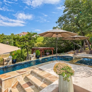 Grecian Roman Style Pool, Raised Spa with Spillway, Stone Scupper Columns, Decki