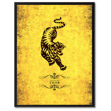Tiger Chinese Zodiac Yellow Print on Canvas with Picture Frame, 22"x29"