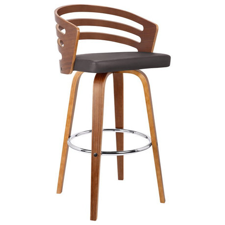 Armen Living Jayden 30" Faux Leather & Wood Swivel Bar Stool in Brown/Walnut