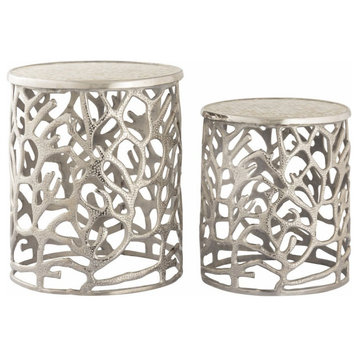 Set of 2 Metal Drum-Shaped Cylinders Accent Table in Silver Finish Open