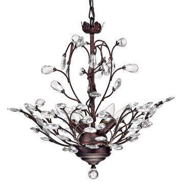 4-Light Antique Copper Finish Vine and Crystal Chandelier Glam Lighting