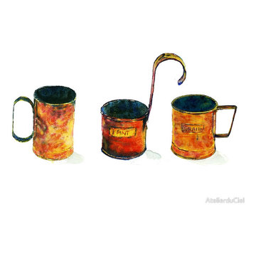 Fantastic kitchen art prints featuring antique copper pots