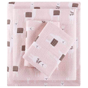 Intelligent Design Cozy Soft Cotton Flannel Printed Sheet Set, Pink Llamas