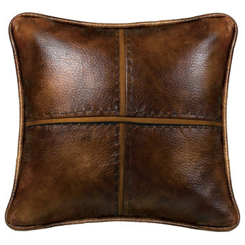 Cross Stitched Pillow Features Faux Leather With Hand Stitched Details., 18x18