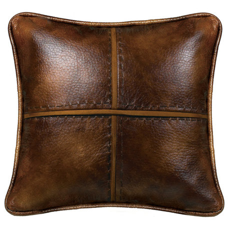 Cross Stitched Pillow Features Faux Leather With Hand Stitched Details., 18x18