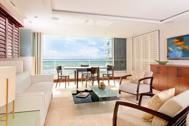 Living room - mid-sized contemporary formal and enclosed living room idea in Hawaii with beige walls and a wall-mounted tv