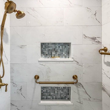 Blue and White Guest Bathroom with Gold Accents