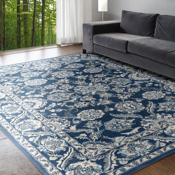 Shiloh Traditional Floral Dark Blue Rectangle Area Rug, 5'x7'