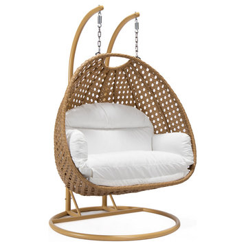 LeisureMod Mendoza Light Brown Wicker Hanging Double Egg Swing Chair, White